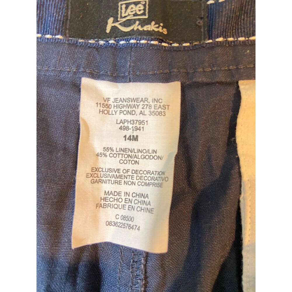 Lee Linen Blend Cropped Pants Size 14 straight Leg Front Tie Navy Blue Size 14 - Picture 11 of 13